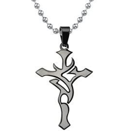 PEORA Stainless Steel Tribal Cross Pendant for Men with Black Enamel, Unique Two-Tone Design with Stainless Steel Ball Chain
