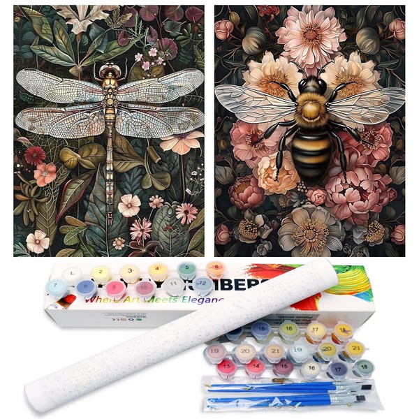 2 Pack Paint by Numbers Kit for Adults, Dragonfly Bee