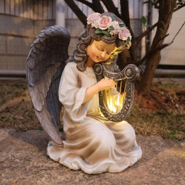 Garden Angel Decor Solar Angels Statues for Garden，Waterproof Angel Sculpture Playing The Harp，Solar Angels for Cemetery Decoration，Gardening Gift