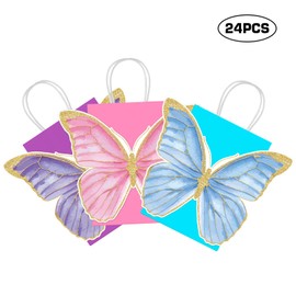 KERINGO 24 PCS Butterfly Party Favor Bags with Handles Pink Purple Blue Butterfly Goodie Gift Paper Treat Candy Bags for Birthday Party Bridal Showers Supplies