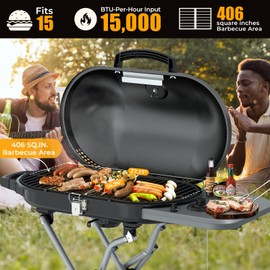 Havato Portable Propane Gas Grill,15,000 BTU BBQ Grill with Top Cover Lid, 406 sq.in. Grilling Areas, 2 Wheels, Built-in Thermometer, Barbecue Gas Grill for Patio,Party,Black