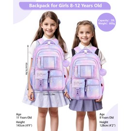 Tanou School Bags for Girls, Kawaii Backpack for School Girl Age 8 to 12, Breathable Water-Resistent Nylon Children's Backpacks with Pendant, Purple