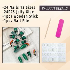 Jremg St. Patrick's Day Press on Nails medium almond Fake Nails with Green Glitter Design Cute Shamrock False Nails Glossy Nude Glue on Nails Rainbow Irish Artificial Stick on nails for Women 24Pcs