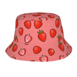 Pink Cartoon Strawberry Bucket Hat Beach Travel Fisherman Hat Packable Sun Hat Cap for Unisex Women Men
