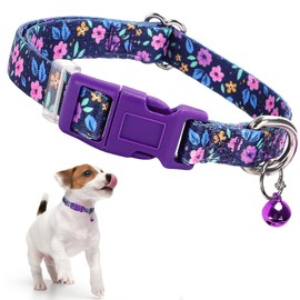 Purple Floral Small Dog Collar with Bell, Pretty Cute Flower Cat Collar Girl Puppy Collars with Bells for XS Small Tiny Pet Female Dogs Kitten Little Animal, S
