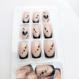 Black Love Heart Press on Nails Medium Square Valentines Fake Nails with Silver Glitter Design French Tip False Nails Valentine Love Heart Glue on Nails Artificial Stick on Nails for Women Girls