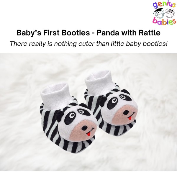 Genius Babies | Black & White Pair of Panda Baby Booties with Rattle Inside for Newborns and Infants