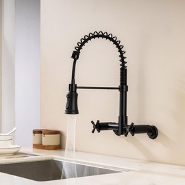 Wall Mount Kitchen Faucet, 8 Inch Center Wall Mount Kitchen Sink Faucet with Pull Down Sprayer, Commercial 2 Handles Kitchen Faucet, Matte Black