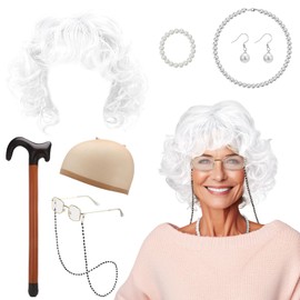 Guiqulai 9 Pcs Old Lady Wig Costume Set, Grandma Granny Wig Cosplay Set Old Lady Costume Accessories with Old Lady Cosplay Pearl Necklace Set