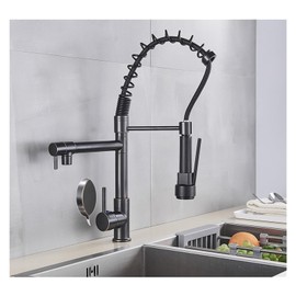 ANNWVRZM Black Pull Down Brass Kitchen Sink Faucet Hot Cold Water Mixer Crane Tap with Dual Spout 360 Rotation High Faucet Deck Mounted(Black Bronze B)