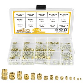 Youery Pack of 300 Threaded Inserts, M2 M2.5 M3 M4 M5 M6 Insert Nut Brass Threaded Bushings Female Thread Knurled Nuts with Plastic Box for Plastic Parts by Melting into 3D Printing Parts