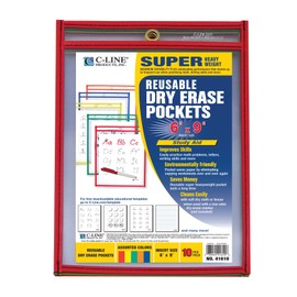 C-Line Reusable Dry Erase Pockets, 6 x 9 Inches, Assorted Primary Colors, 10 Pockets per Pack (41610)