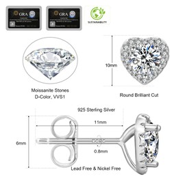 Moissanite Stud Earrings, 1ct-2ct Brilliant Heart Shape Lab Created Diamond Earrings, D Color VVS1 Clarity, White Gold Plated Silver Friction Back for Women
