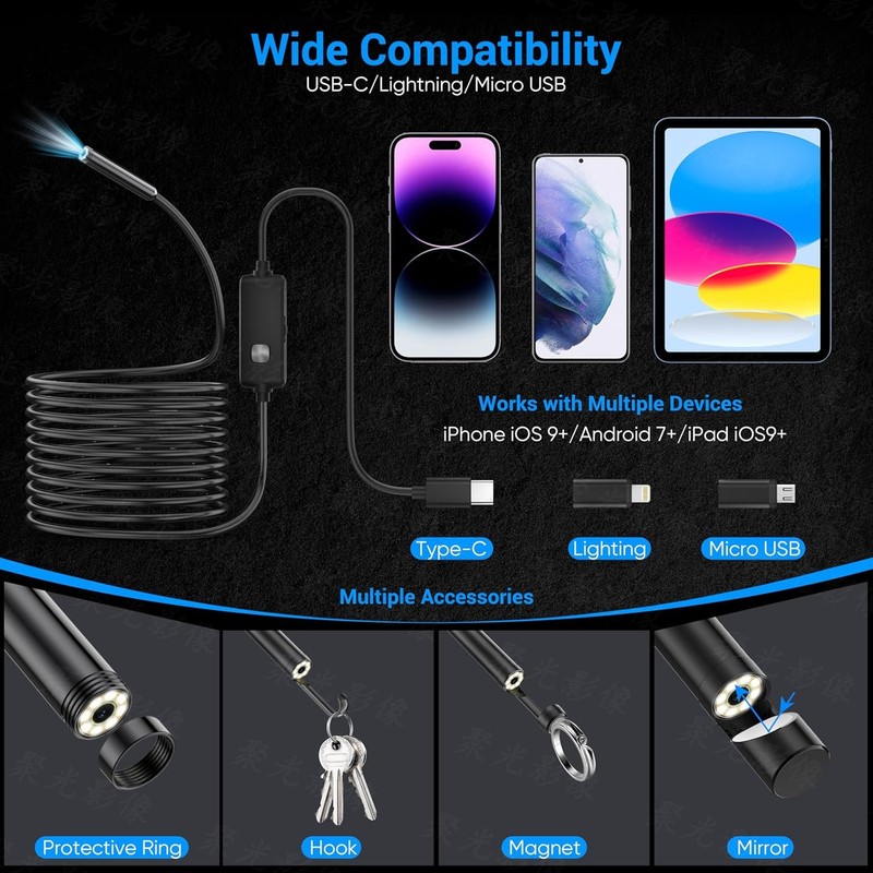 Endoscope Camera with Light,1920P HD Borescope with 8 Adjustable LED