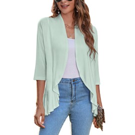 Zeagoo Women's Open Front Cardigan 3/4 Sleeve Draped Ruffles Soft Knit Sweaters, Mint Green, Medium