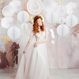 EASY JOY Wedding Paper Fans Decorations, Valentine's Day Party Decorations, White Tissue Paper Honeycomb Balls Hanging Pom Poms, Valentine's Day Bridal Shower Engagement Party Decorations