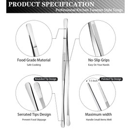 JETKONG 4 Pcs Kitchen Tweezers Tongs Stainless Steel Cooking Tweezers Set, Professional Kitchen Long Tweezer for Cooking, Repairing, and BBQ (10+12-Inch, Silver)