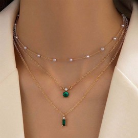 Iaceble Boho Layered Pearl Crystal Necklace Emerald Pendant Necklace Gold Pearl Chain Necklace Green Emerald Choker Necklace Vintage Pearl Beaded Necklace Jewelry for Women