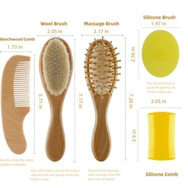 5 PCS Baby Hair Brush Set for Newborns & Toddlers, Wooden Baby Brush and Comb Set with Soft Bristle Hair Brush, Soft Silicone Bath Brush for Girls & Boys