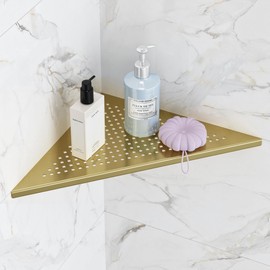 Qeke Bathroom Corner Shelf, Recessed 12" Shower Shelf Caddy, SUS304 Stainless Steel Shelf Wall Mount Triangular, No Drilling, Brushed Golden