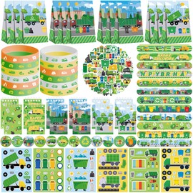 Obussgar Trash Truck Party Favour Supplies Including Milk Tea Gift Bags, Stickers, Badges, Bracelets for Garbage Truck Birthday Party