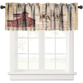 Rustic Farm Kitchen Curtain Valance Vintage Red Barn Cow Windmill Window Treatment Valance for Living Room Bedroom, 54x18in