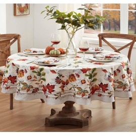 Newbridge Autumn Essentials Fall Foliage Bordered Fabric Thanksgiving Tablecloth, Changing Leaves Easy Care Stain Proof, Wrinkle Resistant Tablecloth, 60 Inch x 84 Inch Oval