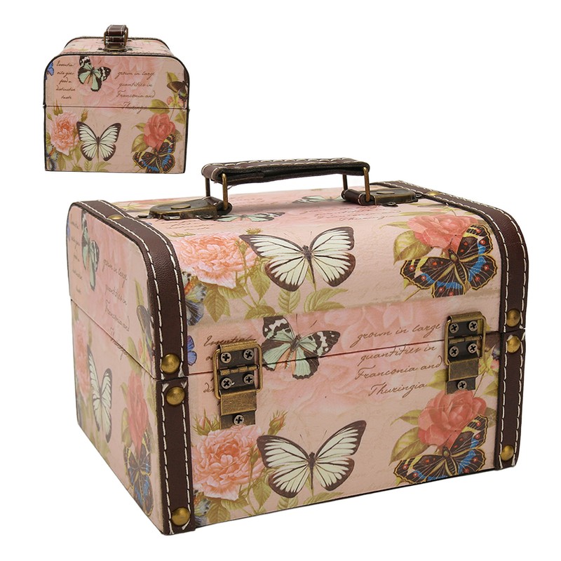Treasure Chest Box Pink Butterfly Pattern Exquisite Retro Wooden PU