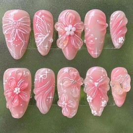 MouyouGlow Press on Nails Short, Almond Pink Base 3D Ribbon Bow Tie Bow Tie Flowers Butterfly Beads Heart Fairy Sweet Coquette Fake Nails with Nail Glue, Summer Artificial Fingernails