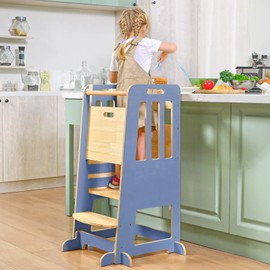 WINGYZ Toddler Tower – Adjustable Step Stool Helper for Kids 18M–6Y, Kitchen Learning Stool with Safety Rail, 3-Height Adjustable, Sliding Door, Full Support Foot, Updated Design, Light Blue