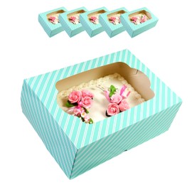 Global Sugar Art Auto-Popup Extra Deep Quarter Sheet Cake Box with Window, Designer Blue Stripe, 14 x 10 x 5 Inches, 5 Count. For 9 x 13 sheet cakes, cookies, pastries, desserts.