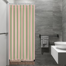 EOBTAIN Striped Small Stall Shower Curtain 48x68 Inches Pink and Green Vertical Stripe Narrow Shower Curtain for Bathroom Modern Minimalist Washable Bath Curtain with 8 Hooks,Kitchen Door Curtains