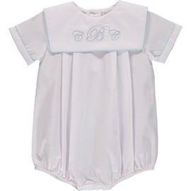 Carriage Boutique Baby Boy Bubble Classic Monogram Blank Creeper - White w Blue Trim, 18M