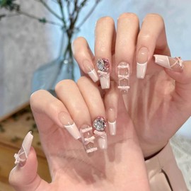 Prsess on Nails-Short Fake Nails Square Press-On Nails,Red Nail Designs Pearls False Nails Acrylic Nails Easy-On Nails Nail Art for Women