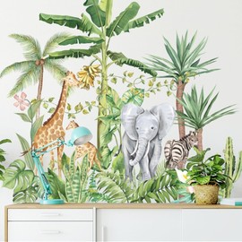 HOTIYOK Rainforest Tree Stylish Jungle Animal Wallpaper Sticker Cute Elephant Giraffe Removable Wall Sticker Removable Wall Sticker Toy House Wall Sticker Decoration Boys Girls Kids Room Wallpaper