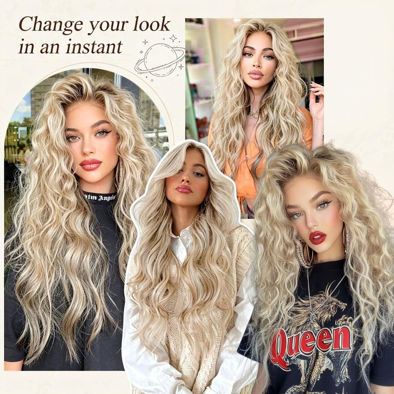 Ombre Blonde Long Wavy Wig for Women, with Dark Roots