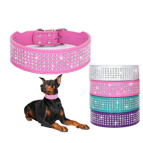 HOOTMALL Rhinestones Dog Collars-2" Wide Crystal Diamonds Studded PU Leather