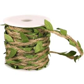 Natural Jute Twine Ribbon with Artificial Green Leaves – 33ft Rustic Leaf Vine Garland, Braided Burlap Twine for Crafts, Jungle Safari Party, Baby Shower, Wedding & Home Decor