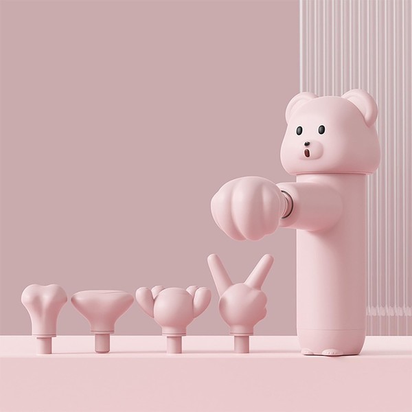 Mini Massage Gun with Bear Design, 5 Interchangeable Heads, 4-Speed