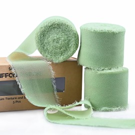 Sage Green Chiffon Ribbon, 3 Rolls 1.5" x 7Yd Handmade Fringe Silk-Like Colorful Rustic Ribbon for Bouquets Wrapping Decor Wedding Invitation Accessories