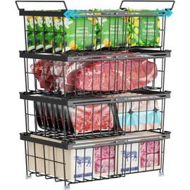 iSPECLE 4 Pack Freezer Organizer Bins - Fit 10 to 20 Cu.Ft Deep Freezer, Expandable Wire Storage Chest Freezer Baskets for Frozen Food, Stackable with Handles, Black