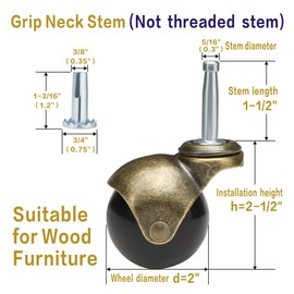 JGJC 2" Antique Brass Casters Heavy Duty 4-Pack | 5/16" × 1-1/2" (8×38mm) Grip Neck Castors with Sleeve Plugs | Vintage Ball Caster Wheels Set of 4 for Wood Furniture Legs, Chairs, Cabinets & Carpet