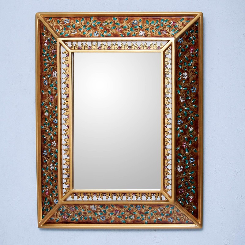 NOVICA Flowers On Gold Cedar Mirror