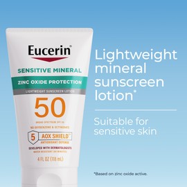 Eucerin Sun Sensitive Mineral Sunscreen Lotion SPF 50 with Zinc Oxide Protection, Hypoallergenic Sunscreen for Sensitive Skin, Oxybenzone and Octinoxate Free, 4 Fl Oz Tube