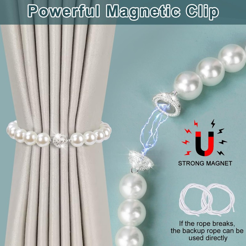 AULEEP Magnetic Curtain TieBacks, 2 Pack Pearl Curtain Tie Backs,