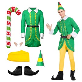 Ficlwigkis Buddy Elf Costume Men Women Green Pink Elf Costume Christmas Elf Costume Buddy with Ears Hat Belt Elves for Christmas Costume Adult (Green, S)