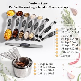 Sinnlicht 13pcs Measruing Cups and Spoons Set, 4 Stainless Steel Measuring Cups & 8 Magnetic Measuring Spoons Set & 1 Leveler for Kitchen Dry & Liquid Cooking Baking