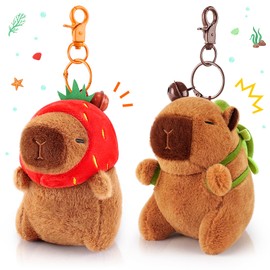 Achwishap 2PCS Capybara Plush Keychain,Cute Keychain Capybara Stuffed Animal,Soft Capybara Plush Toys Key Chain,Kawaii Plushie Stuffed Toys for Kids Adults Birthday(Turtle,Strawberry Hat)