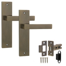 Decoranddecor Lumina Antique Brass Backplate Door Handles Set with 2.5in Fire-Rated Tubular Mortise Latch – Contemporary Internal Door Handles, Art Deco Design for Residential & Commercial Interiors