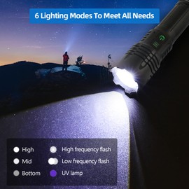 Trliradyn Rechargeable Flashlights 6000 Lumens Zoomable 6 Modes(UV lamp), LED Flashlight USB C, Waterproof Tactical Flashlight, 24H Long Life & Strong Flash Light for Emergencies Camping